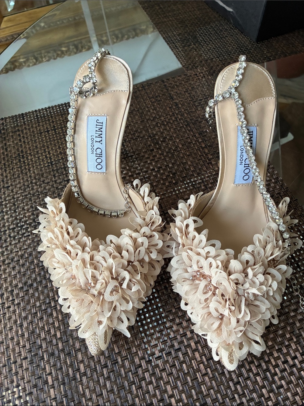 Jimmy Choo Nude/Beige Floral Appliqué Crystal Slingback Heels size 38
